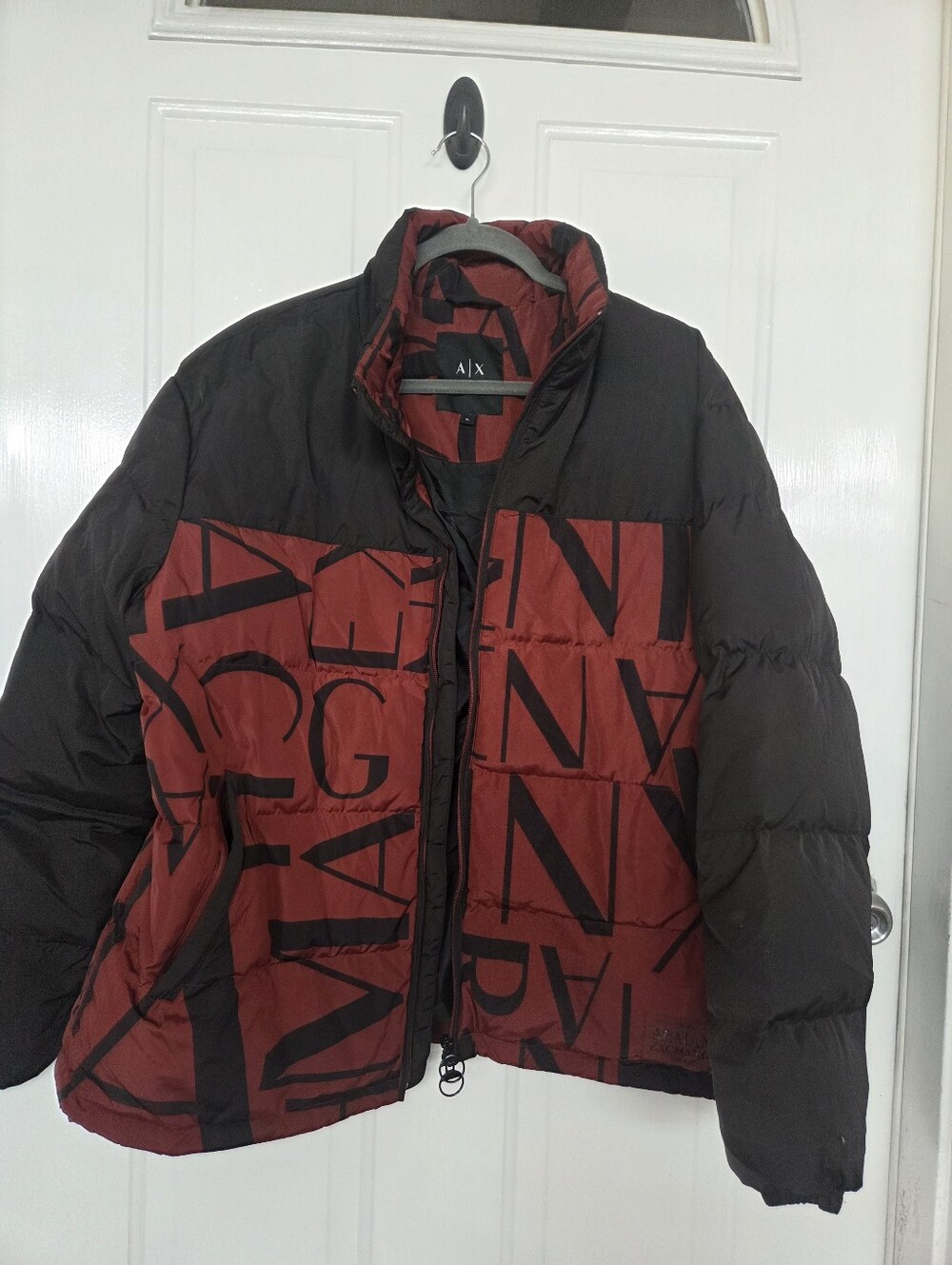 A|X Armani Exchange Black & Brick Red Logo Panel Puffer Jacket XL